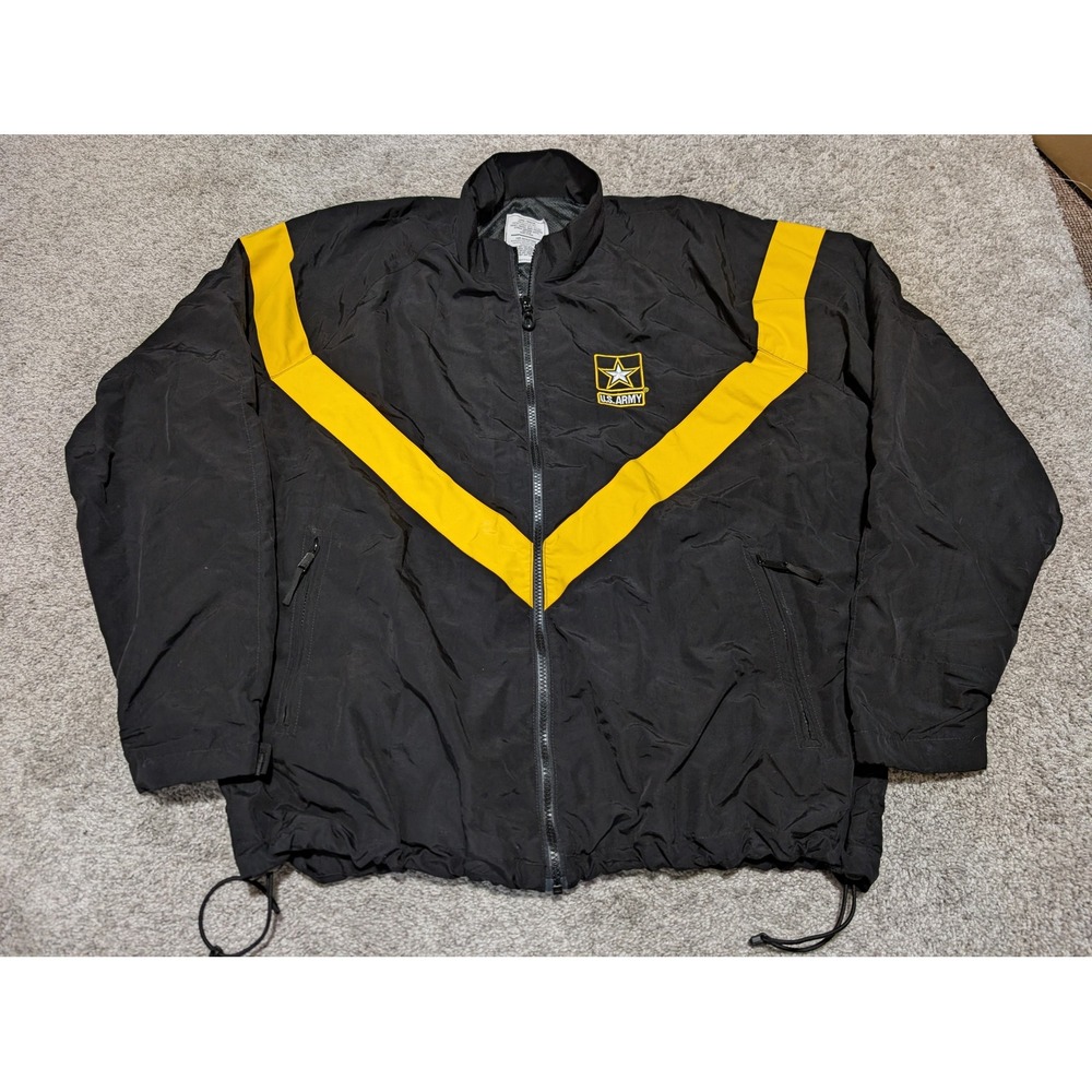 US Army Jacket Mens Large Black Yellow APFU Physical Fitness Uniform Windbreaker